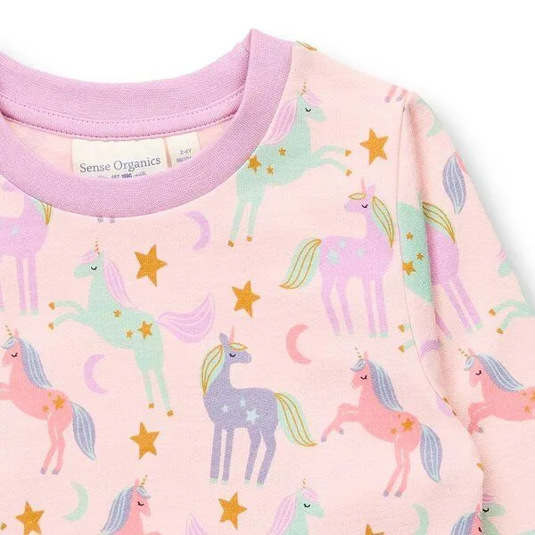 Sense Organics Sense Organics Kinder Schlafanzug, Modell LONG JOHN SWEAT, Zarter einhorn-druck auf rosa hintergrund, – Produktbild 3 von 4