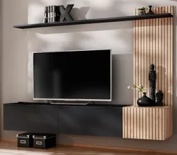 Furn.Design Wohnwand Madina, (TV-Schrank in Schwarz und Eiche Leistenoptik, Breite 180 cm, TV bis ca. 70), mit Push-To-Open und Soft-Close – Produktbild 1 von 1