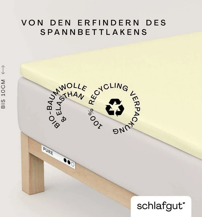 Schlafgut Schlafgut Spannbettlaken PURE TOPPER Bio-Baumwolle mit Elasthan 170 g/m² für Topper bis 10 cm, Jersey-Elasthan, Gummizug: rundum, (1 Stück), PREMIUM Laken für Matratzen bis 10 cm Höhe, dehnbar, blickdicht, Gelb, – Produktbild 2 von 5