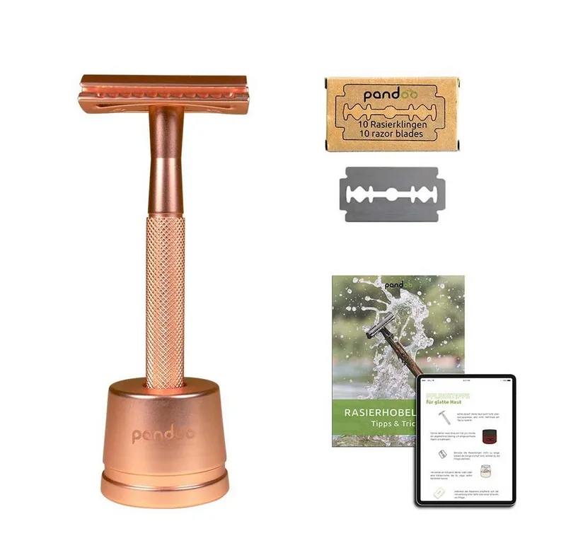 pandoo pandoo Rasierhobel Rasierhobel aus Metall inkl. 10 Klingen, Halter und E-Book, Goldfarben, – Produktbild 1 von 5