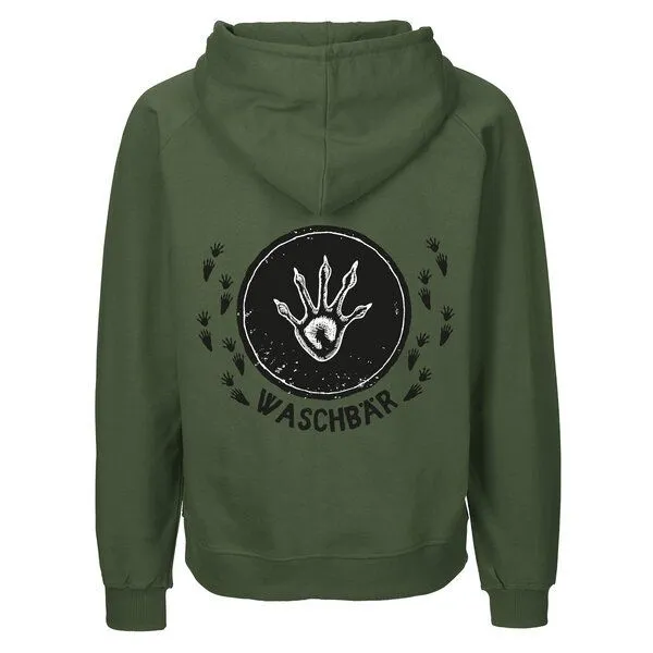 HANDGEDRUCKT HANDGEDRUCKT "Trittsiegel WaschBär" Männer Zip Hoody aus reiner Biobaumwolle (kbA), Military, – Produktbild 1 von 3