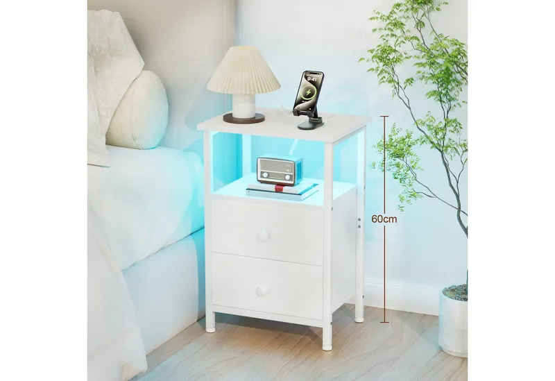AMHANCIBLE Nachttisch 2er-Set mit integrierter Ladestation, LED-Beleuchtung & 2 Schubladen (2-St), multifunktionaler Beistelltisch mit offenem Fach, 40x30x60cm, Weiß, – Produktbild 4 von 4
