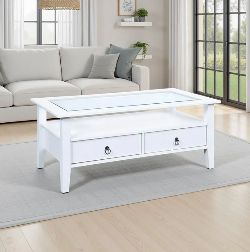 Inter Link Couchtisch Provence, Kiefer Massivholz, Glasplatte & Schublade, Landhausstil, Wohnzimmertisch, Sofatisch, Stauraum, BxTxH: 115 x 60 x 45 cm, Weiß, – Produktbild 2 von 5