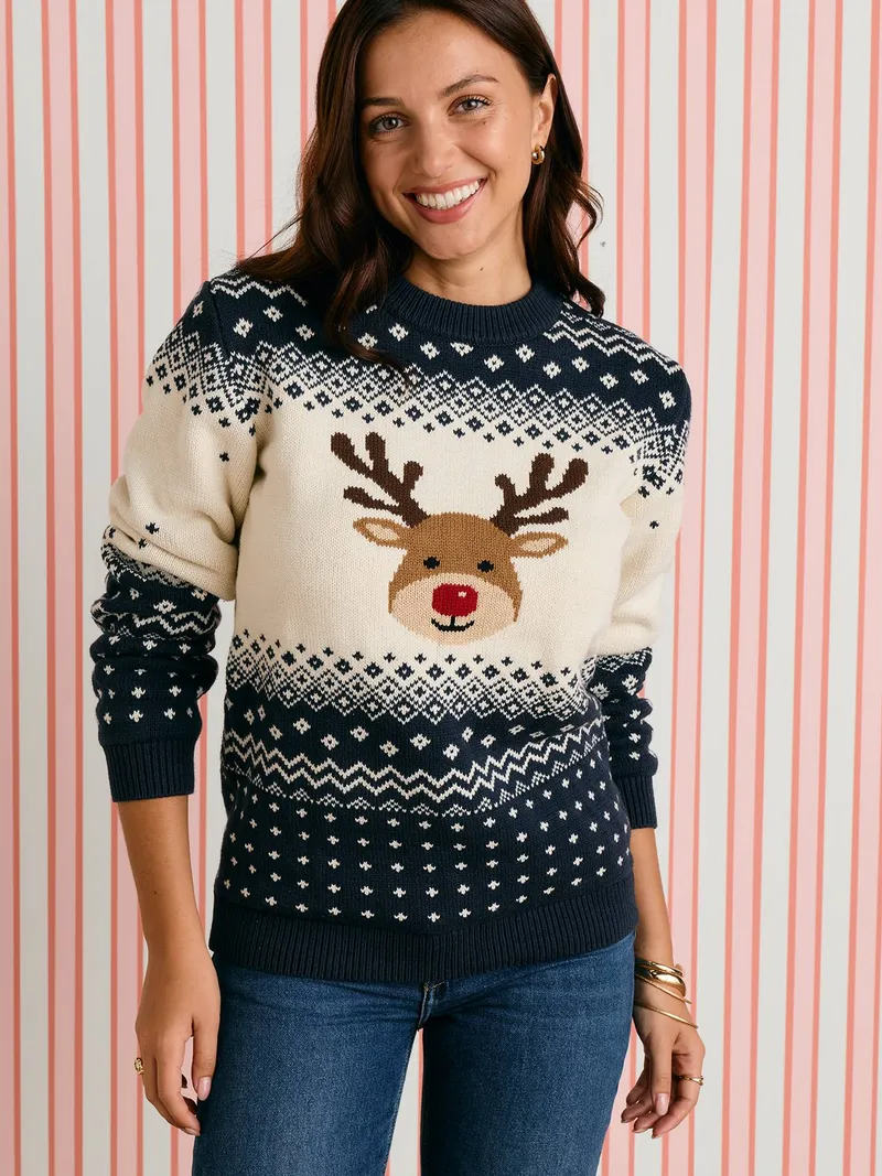 Vertbaudet Vertbaudet Damen und Herren Pullover RENTIER Family Weihnachts-Capsule, Marine, – Produktbild 1 von 4