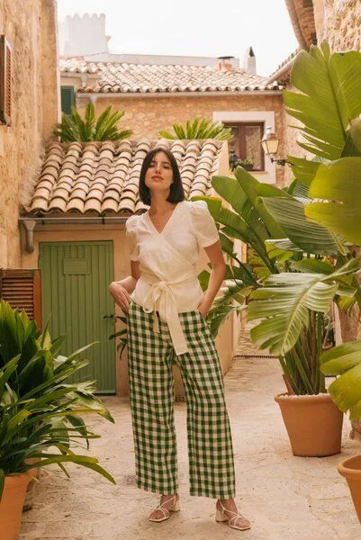 AmourLinen AmourLinen Barbora gerade Leinenhose, Grünes gingham, – Produktbild 1 von 4