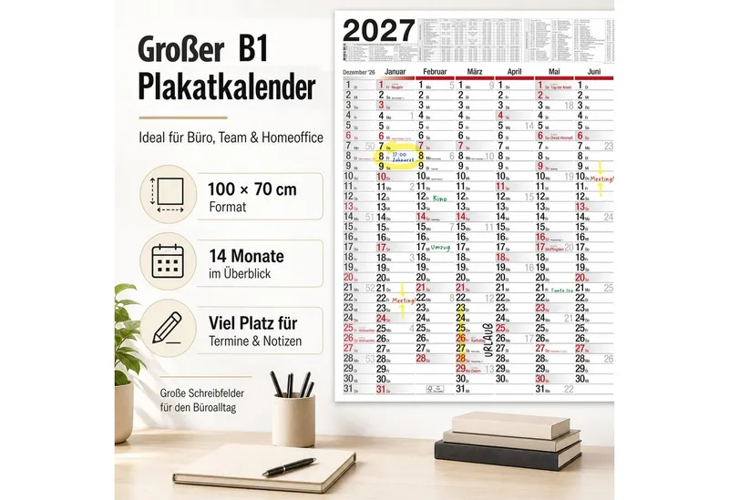 TOBJA Wandkalender Wandkalender 2027 XXL B1 Gerollt 70x100 cm Jahresplaner, 14 Monate, Ferien DE/AT, KW, FSC, gerollt, Weiß, – Produktbild 2 von 5