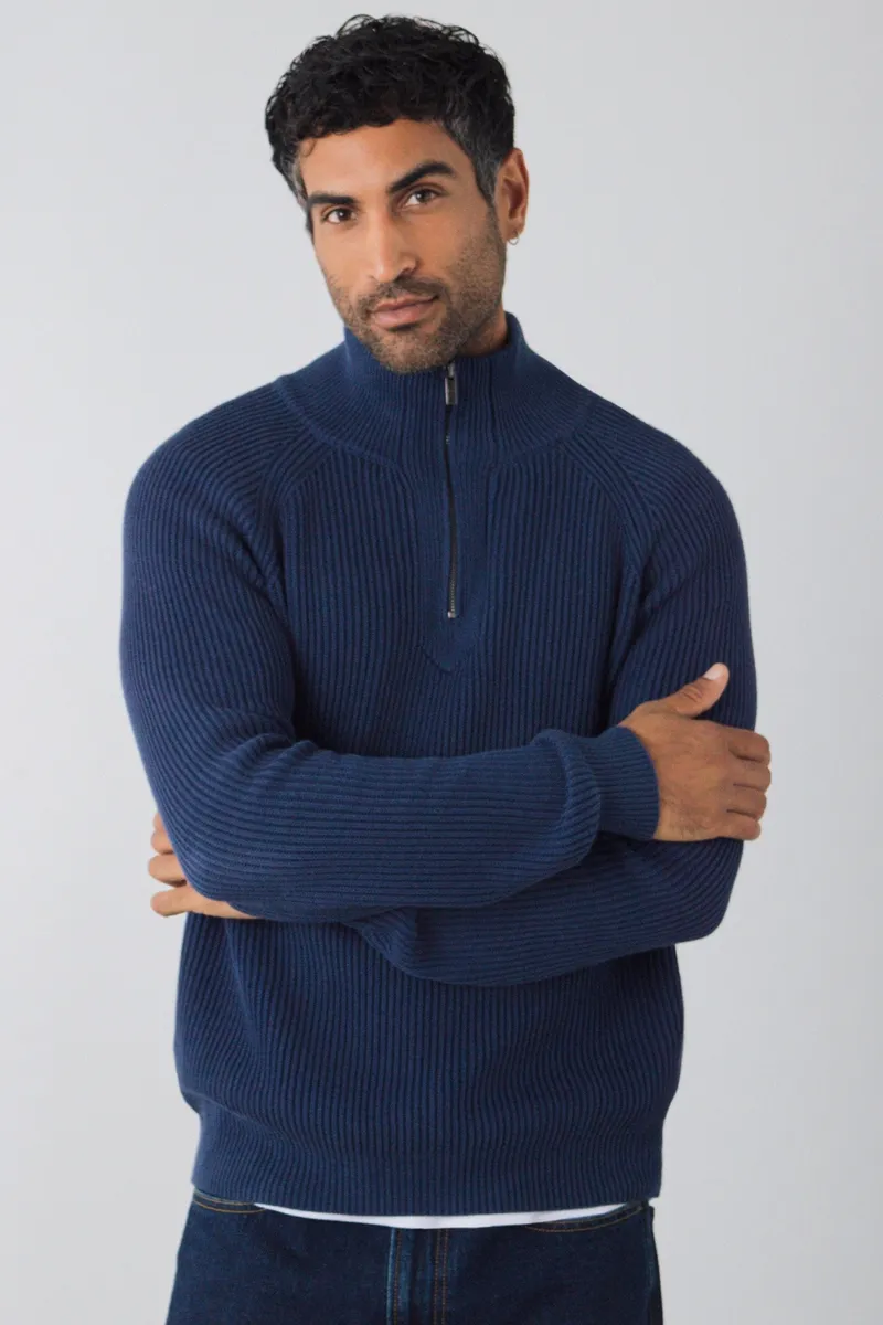 Honest Basics Honest Basics Herren vegan Pullover Mit Halbem Reißverschluss Strick Swell, Blau, – Produktbild 2 von 2