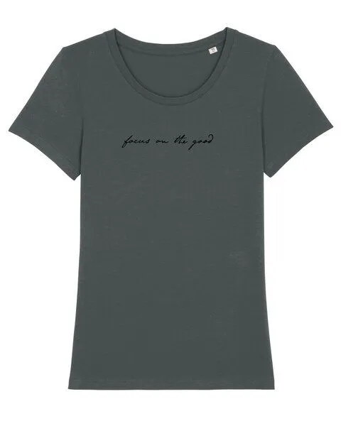 Human Family Human Family Bio Damen Rundhals-T-Shirt "Focus on the good" aus Bio-Baumwolle, Anthrazit, – Produktbild 3 von 3