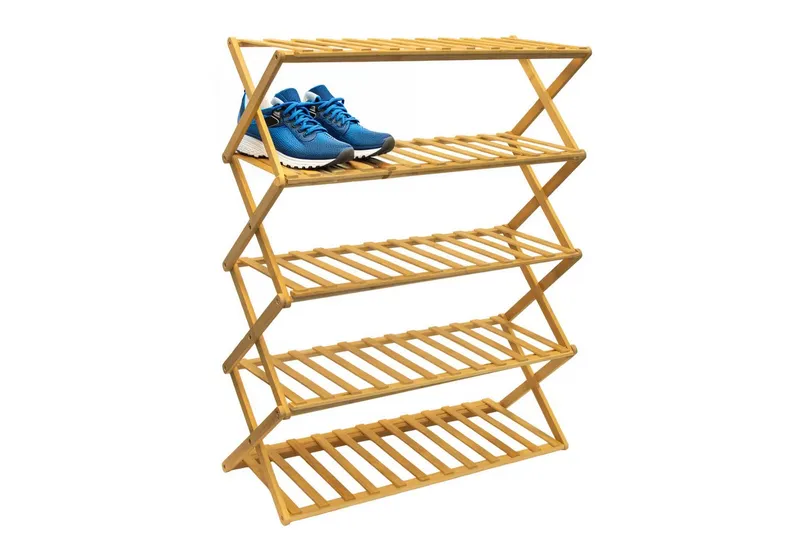 Spetebo Schuhregal Klappbares Bambus Schuhregal mit 5 Ablagen, Anzahl 1-tlg., platzsparendes Aufbewahrungsregal für Schuhe, Beige, – Produktbild 1 von 5