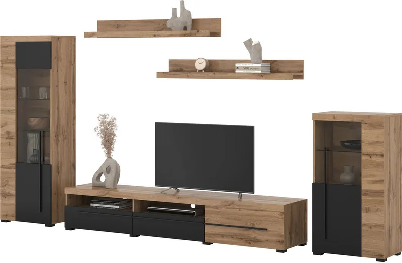OTTO home Wohnwand Roger,Breite 270 cm moderne Mediawand ohne Beleuchtung, (Set, 5-St), Anbuwand (Set,5-St) viel Stauraum, Vitrinen mit Glastür, Beige|schwarz, – Produktbild 3 von 5