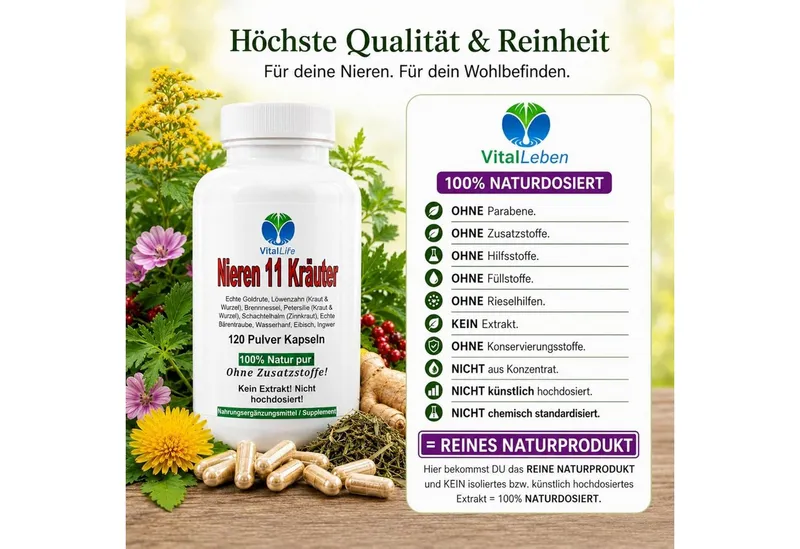 VitalLife Nieren 11 Kräuter Goldrute Eibisch Bärentraube uvm - Ohne Zusatzsoffe Kapseln, 1 er Dose à 120 St., 56 g, Art. 26309 – Produktbild 3 von 5