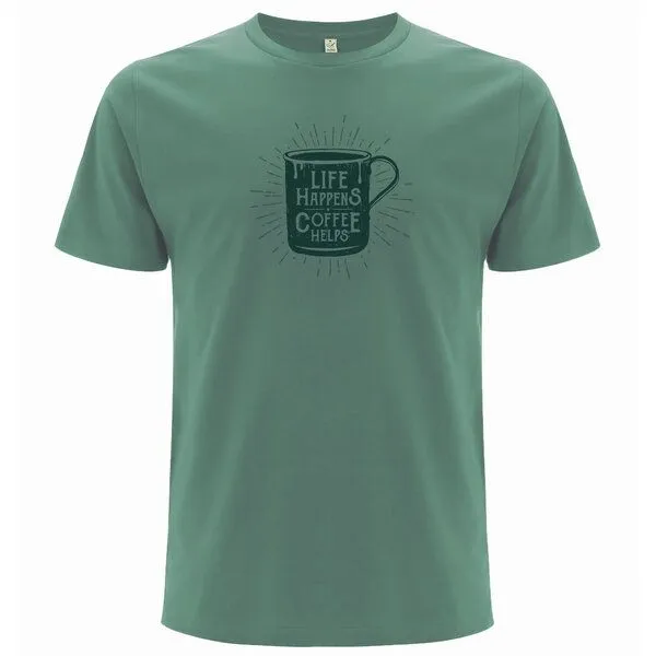 Spreecult Spreecult Kaffee Hilft - Bio und Fair - Männer Unisex T-Shirt - Coffee Helps, Sage green, – Produktbild 1 von 2