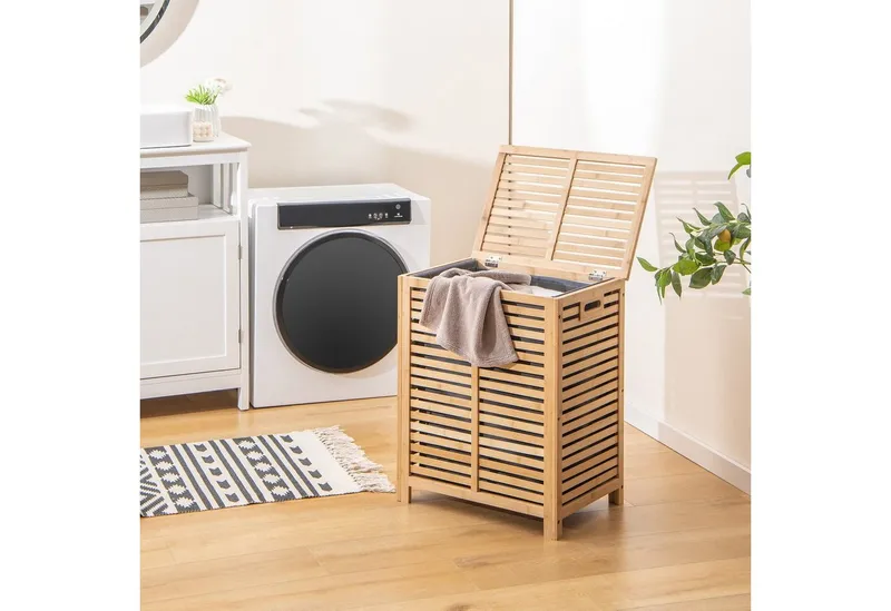 COSTWAY COSTWAY Wäschekorb, Bambus, 80L, mit Deckel & ausnehmbarem Wäschesack, Beige, – Produktbild 1 von 5
