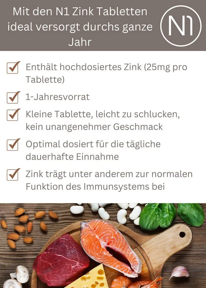 N1 Healthcare N1 ZINK 25mg, 365 vegane Tabletten Tabletten, 365 St., 84 g – Produktbild 2 von 4