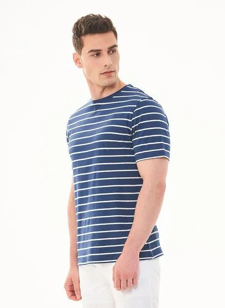 ORGANICATION ORGANICATION Gestreiftes T-Shirt aus Bio-Baumwolle und Leinen, Blau(navy), – Produktbild 3 von 4