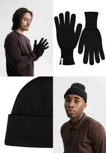 MELA MELA Bundle Feinstrick Mütze HIMMAT + Strick Handschuhe RISHI, Schwarz, – Produktbild 1 von 4