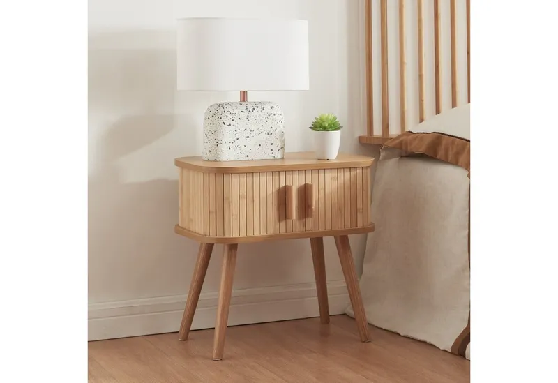 en.casa Nachttisch, »Nordkapp« mit 2 Türen 48 x 30 x 45 cm Holz Bambus, Beige, – Produktbild 2 von 4