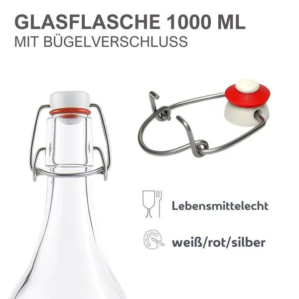 mikken mikken 6er Set Glasflasche eckig mit Bügelverschluss 1000 ml Bügelflasche – Produktbild 3 von 4