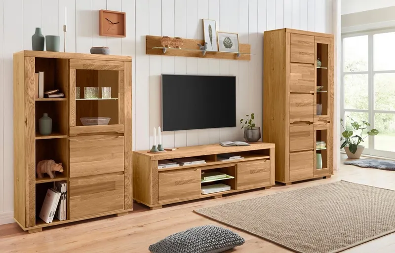OTTO home Wohnwand Denis, (Set, 4-St), Breite: 340cm, 1Vitrine, 1Stauraumvitrine, 1 Lowboard und 1 Wandregal, Braun, – Produktbild 3 von 8