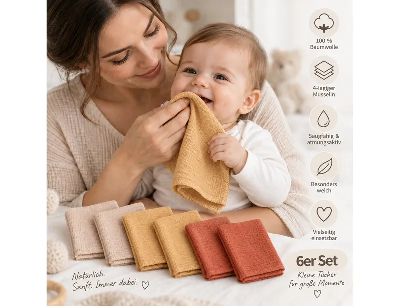 bistyle bistyle Spucktuch Musselin Mulltuch für Babys 20x20cm, (Set, 6-tlg., 6er-Pack), waschbare Musselin-Spucktücher saugstark, 4-lagig, 100% Bio-Baumwolle, Beige|gelb|rot, – Produktbild 4 von 5