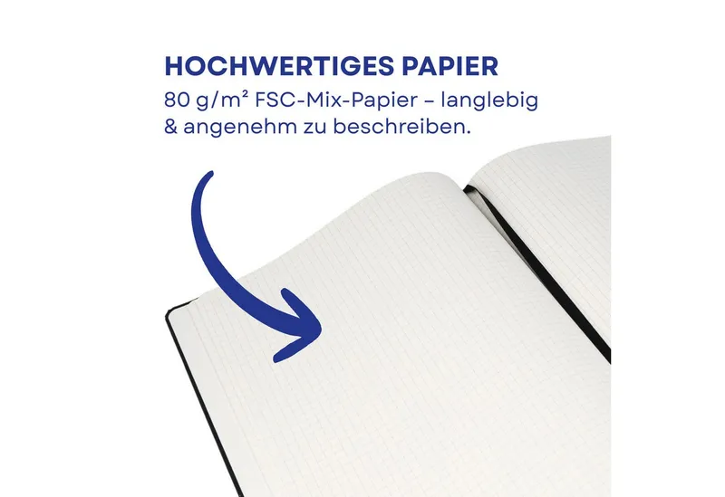 Westcott Westcott Notizbuch DIN A4 kariert (2er-Set) inkl. PRIMESOFT Kugelschreiber, 80 g/m² FSC, Innentasche, Lesezeichen, Gummizug, Stifthalter, Schwarz, – Produktbild 3 von 5