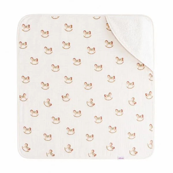 Bebekevi Bebekevi Baby Kapuzenbadetuch 75 × 75 cm aus Musselin & Frottee | Weiche Musselin-Innenseite | inkl. Waschhandschuh | Gemustert, Naturweiß karussellpferd, – Produktbild 1 von 4