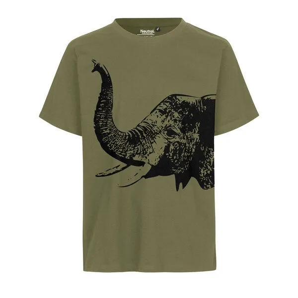 HANDGEDRUCKT HANDGEDRUCKT "Elefant" Unisex T-Shirt aus reiner Baumwolle (kbA), Military, – Produktbild 1 von 2