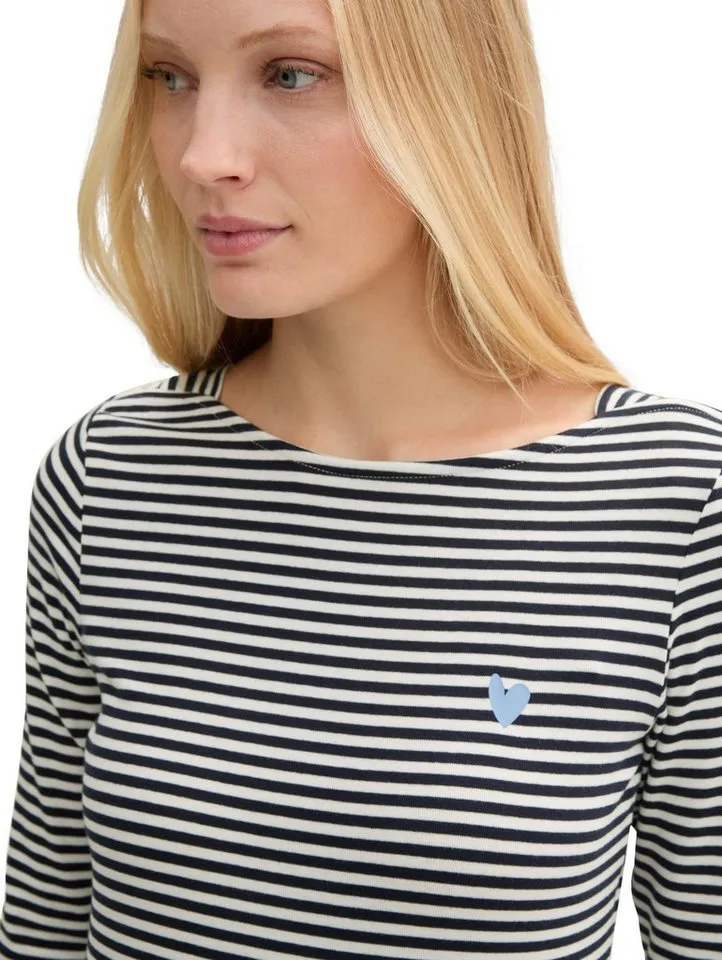 Tom Tailor Tom Tailor T-Shirt Gestreiftes mit Herz-Logo auf der Brust für Damen (1-tlg) Bio-Baumwolle nachhaltig Regular Fit Normal 3-4 Ärmel, Blau, – Produktbild 4 von 5