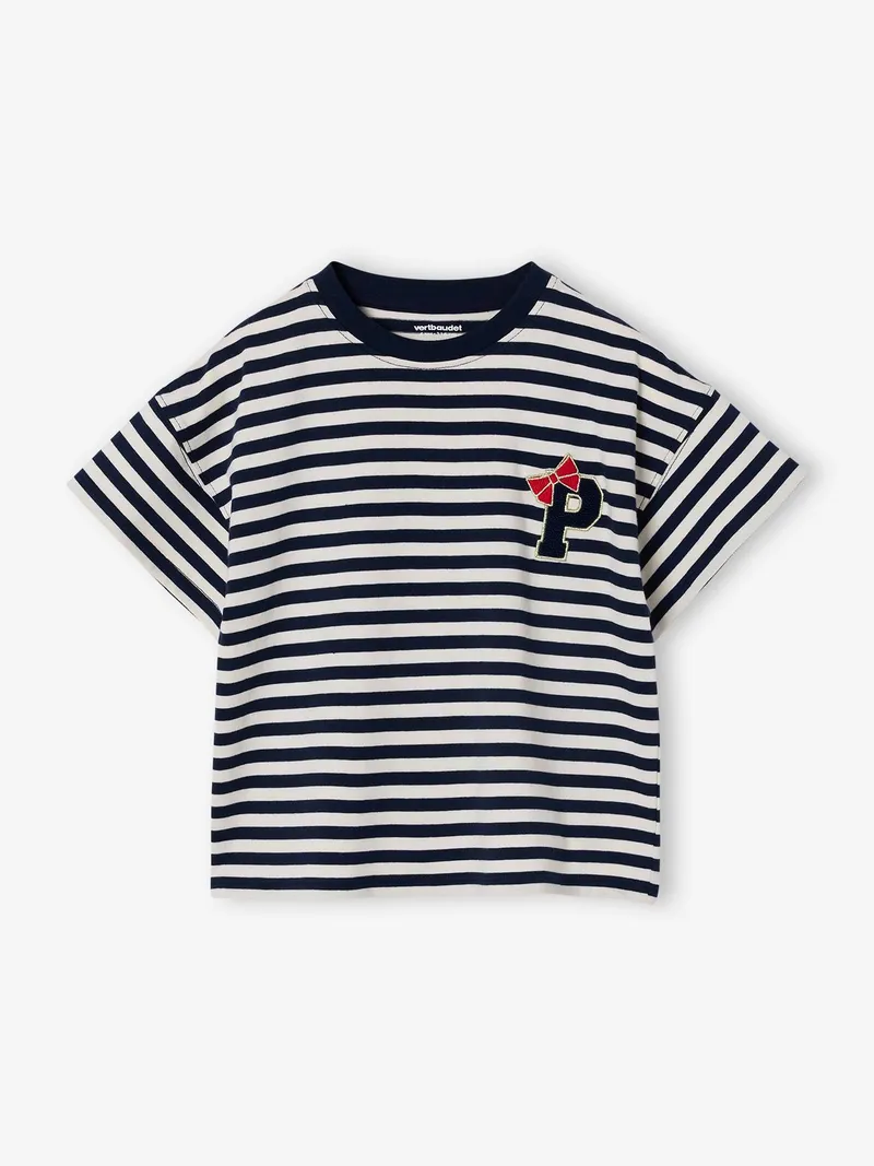 Vertbaudet T-Shirt Mädchen mit gesticktem Buchstaben, Marine, – Produktbild 1 von 2
