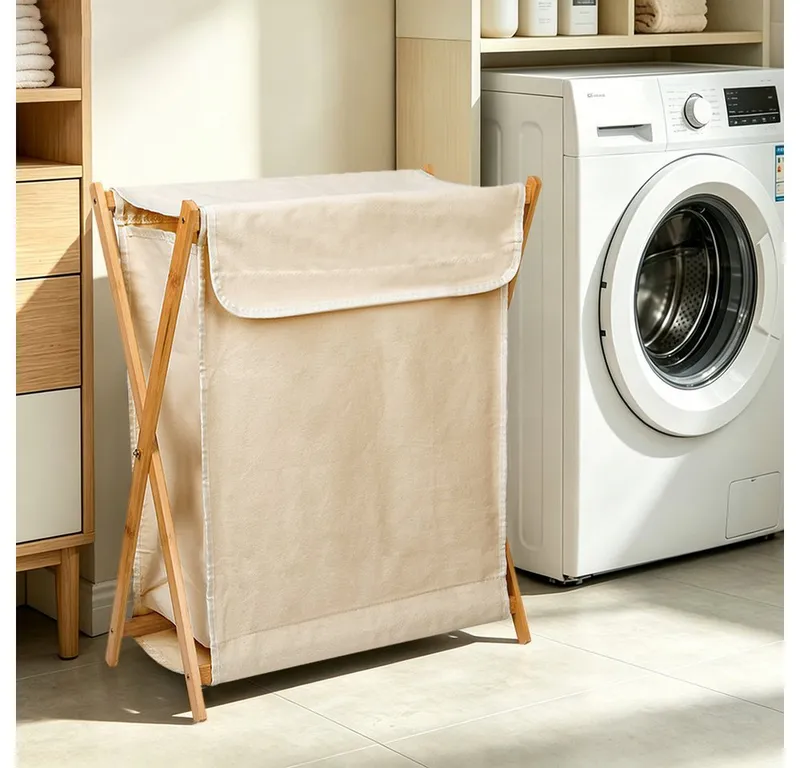 JEOBEST Wäschekorb Wäschekorb aus Bambus, Wäscheschrank, Klappbarer Wäschesortierer, (1 St) mit Wäschesammler, X-förmige Wäschebox, Beige, – Produktbild 5 von 5