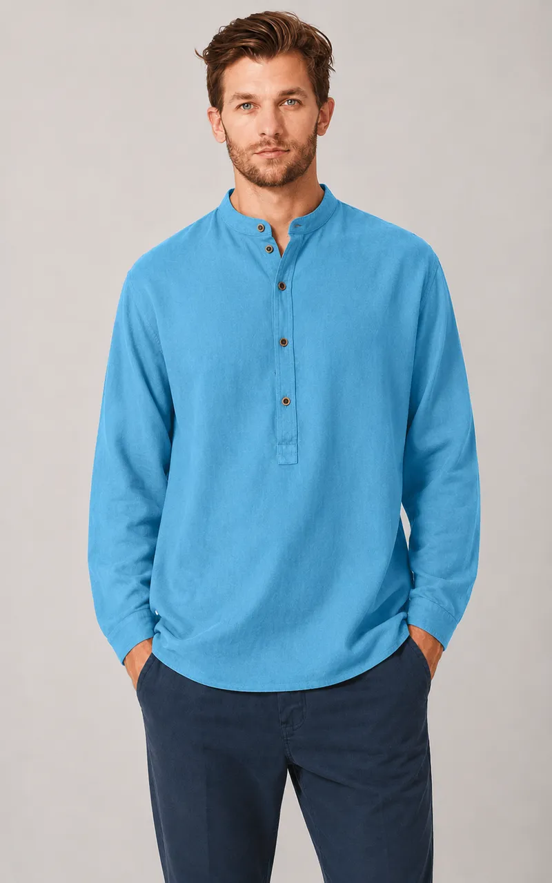 HempAge Hempage Herren vegan Hemd Mit Stehkragen Atlantikblau, Blau, – Produktbild 2 von 2