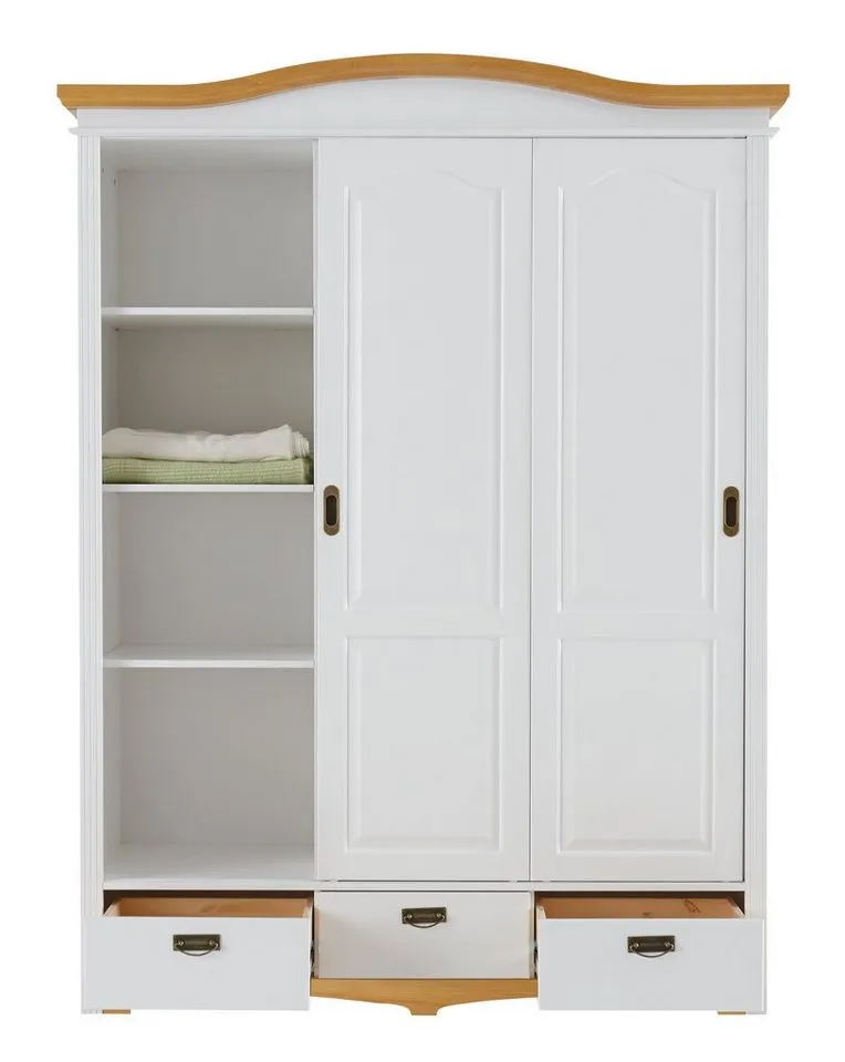 OTTO home Schiebetürenschrank Konrad, Landhausstil, rustikal, mit Schubladen + Spiegel, Kassetten (B/H/T ca. 153 cm x 207 cm x 64 cm) massive Kiefer, FSC®-zertifiziert, Messinggriffe, Weiß, – Produktbild 5 von 5