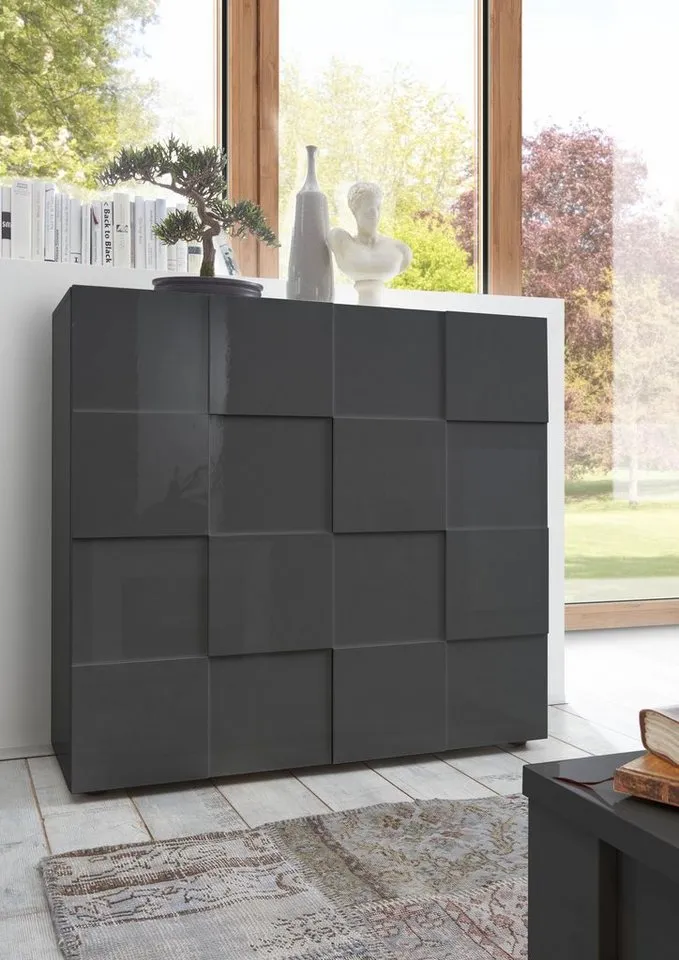 Home affaire Highboard Dama Höhe 111 cm, Breite 121 cm, Kommode 2 Türen, Hochkommode, Front in 3D-Optik, viel Stauraum, verschiedene Farben, Grau, – Produktbild 6 von 8