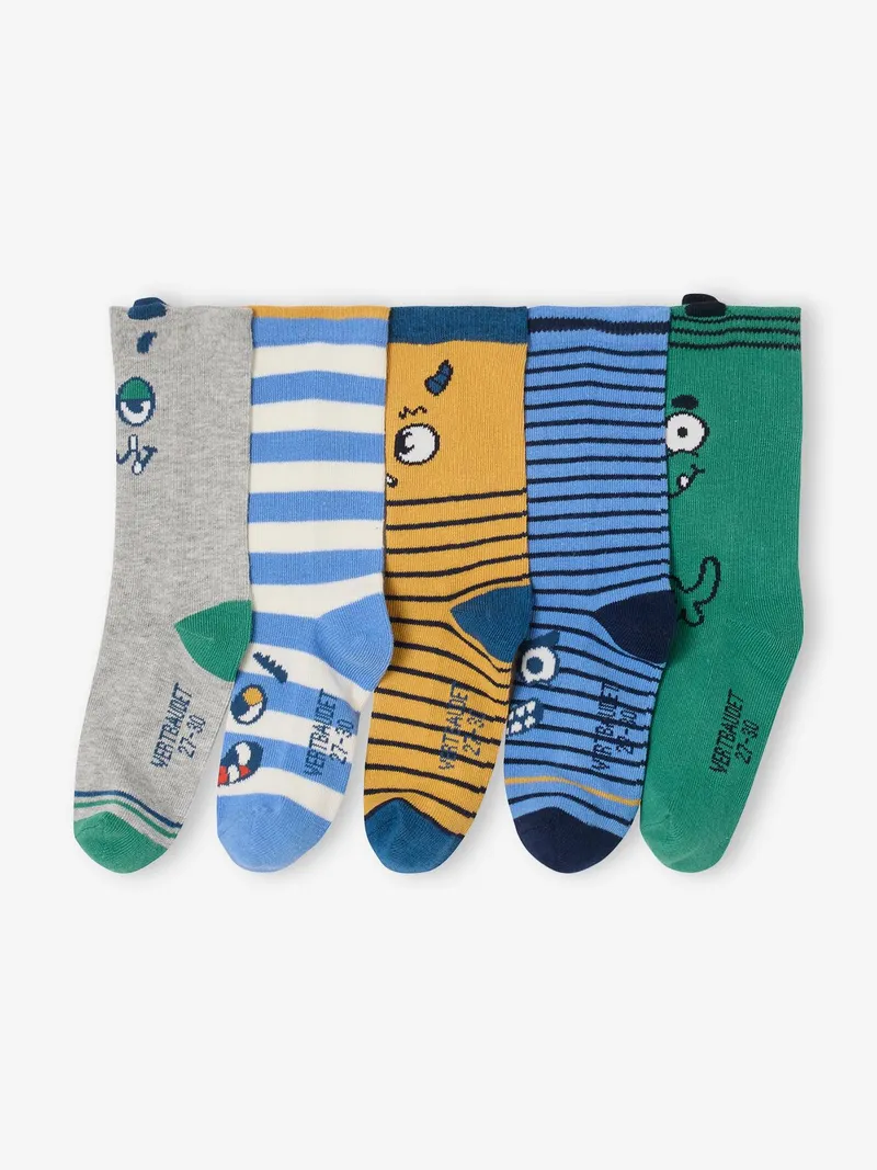 Vertbaudet 5er-Pack Socken mit Monster und Streifen, Blau, – Produktbild 2 von 3