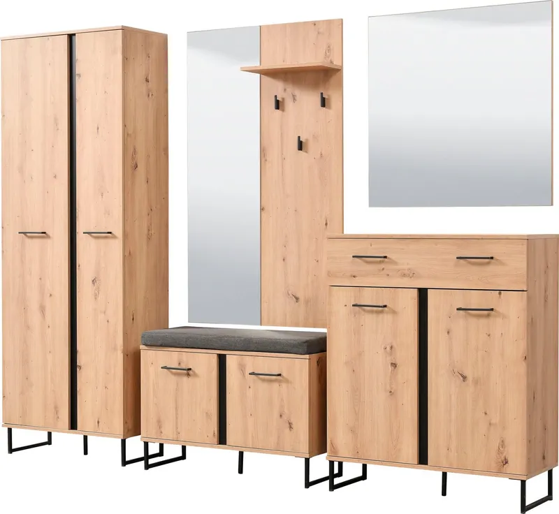 Home affaire Garderoben-Set Sardinia 5-teiliges Set mit Spiegel in Eiche mit schwarzen Elementen, (Set, 5-St., Garderobenschrank, Schuhkommode, Schuhbank, Garderobenpaneel, Spiegel), Beige, – Produktbild 4 von 5