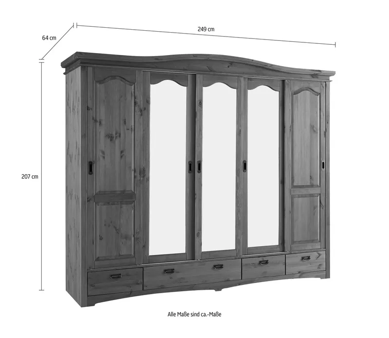 OTTO home Schiebetürenschrank Konrad, Landhausstil, rustikal, mit Schubladen + Spiegel, Kassetten (B/H/T ca. 249 cm x 207 cm x 64 cm) massive Kiefer, FSC®-zertifiziert, Messinggriffe, Weiß, – Produktbild 1 von 6