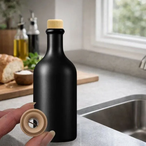 mikken mikken Ölflasche mit Ausgießer 500 ml Keramik mit Holzkappe Flasche aus Steingut, Schwarz, – Produktbild 3 von 3
