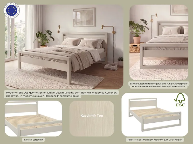 OTTO home Massivholzbett Wellow, Kaschmir-Beige, Kiefer, inklusive Lattenrost, Kufen (Liegefläche 140x200 cm), nordisch-modern, bis 180 kg belastbar, FSC® & Made in Europe, Beige, – Produktbild 1 von 5