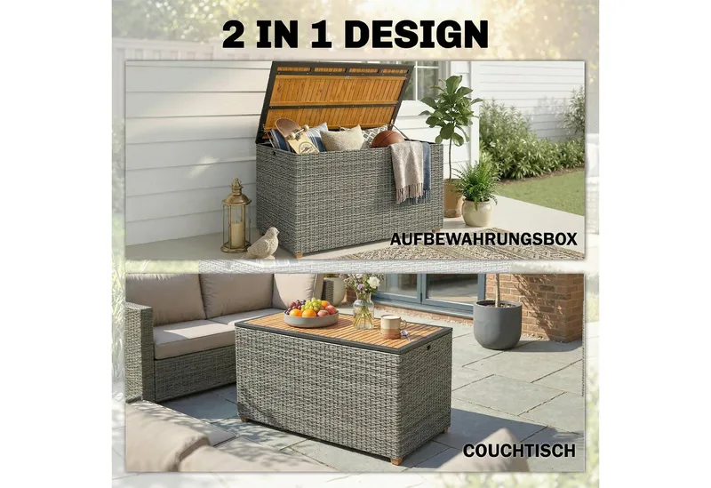 Outsunny Outsunny Gartenbox Polyrattan wasserdicht FSC-Akazienholz-Deckel Kissenbox (Auflagenbox, 1 St., Aufbewahrungsbox), für Garten Balkon Pool Dunkelgrau, Grau, – Produktbild 4 von 5