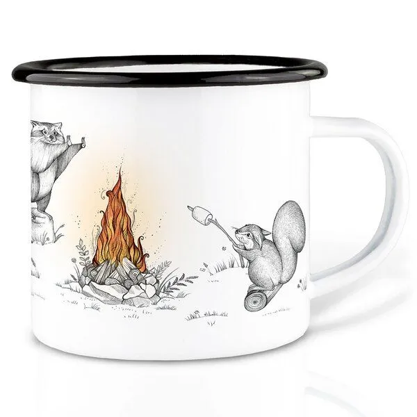 LIGARTI Emaille Tasse – Maulwürfe, Waschbär und Eichhörnchen am Lagerfeuer – LIGARTI Tiermanufaktur – Produktbild 1 von 4