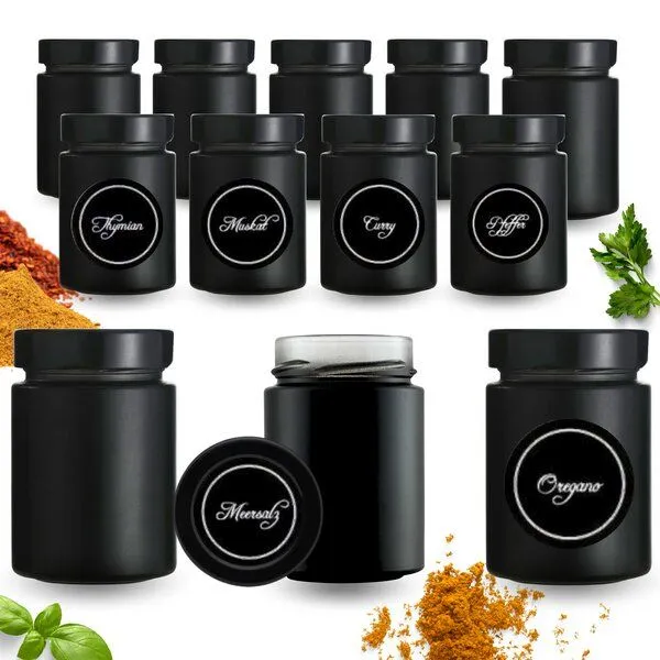 mikken mikken 12 Gewürzgläser 190 ml schwarz mit Deckel und 24 Gewürzetiketten – Produktbild 1 von 6