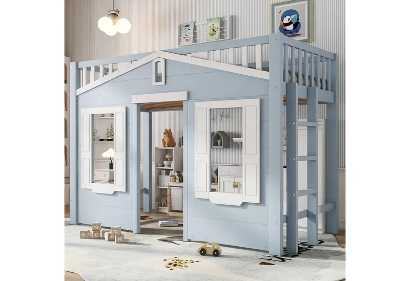 Merax Hochbett 90x200cm mit Rausfallschutz und Leiter (Jugendbett Kinderbett Einzelbett), Braun, – Produktbild 1 von 4