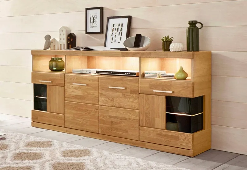 OTTO home Sideboard RIBE20 Fronten massiv,Korpus Melamin, 2 Türen mit Glaseinsatz, B/T/H: 180/35/80cm, 3 offene Fächer und 6 geschlossene, Braun, – Produktbild 1 von 5