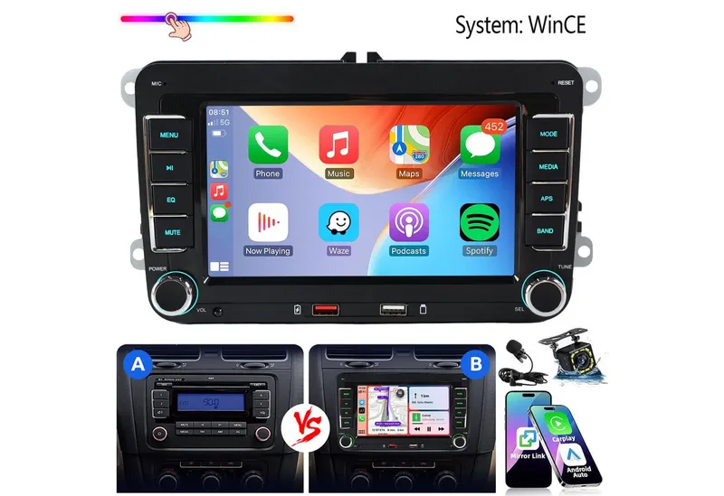 ESSGOO Für VW Golf 5 6 Plus Touran Caddy Jetta Autoradio Carplay Android Auto Autoradio (System : WinCE, Rückfahrkamera(optional), 2 DIN, AM/FM, SWC, CANBUS-Adapter ENTHALTEN (optimiert für Windows CE-System), Schwarz, – Produktbild 1 von 5