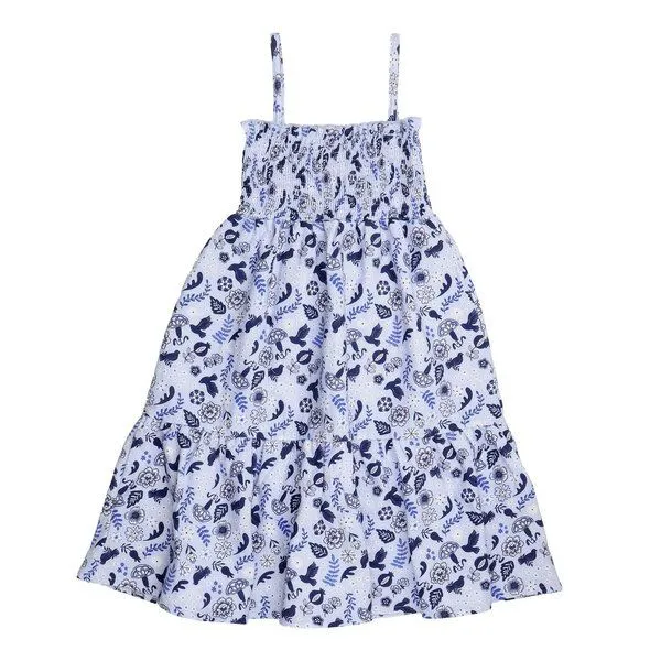 Walkiddy Kinder Trägerkleid GOTS-zertifiziert aus Bio-Baumwolle, blau mit Vögeln und Blumen, leicht & sommerlich – Walkiddy, weicher Tragekomfort, Blau, – Produktbild 1 von 3