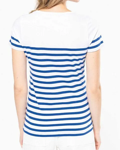 YTWOO YTWOO Nachhaltiges Damen-T-Shirt mit Rundhalsausschnitt im Marine-Stil, Weiß/blau gestreift, – Produktbild 2 von 4