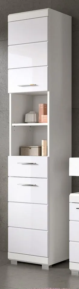 Inn.Furn Hochschrank Shawn (Badschrank in weiß Hochglanz, 2-türig, 37 x 191 cm) mit Schublade und 6 Fächern, Weiß, – Produktbild 2 von 5
