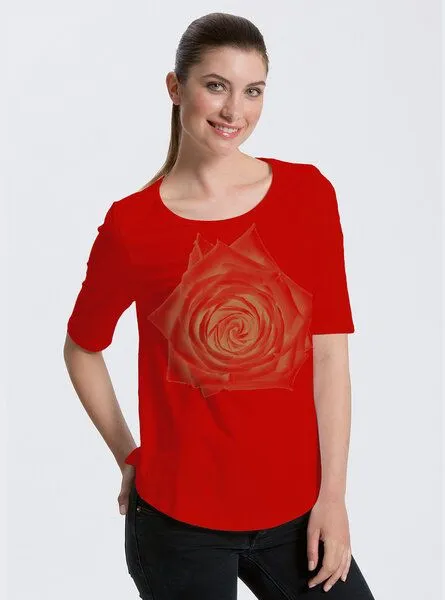 Peaces.bio - handbedruckte Biomode Peaces.bio - handbedruckte Biomode Bio-Halbarm Shirt Rose Damen, Rot, – Produktbild 1 von 2