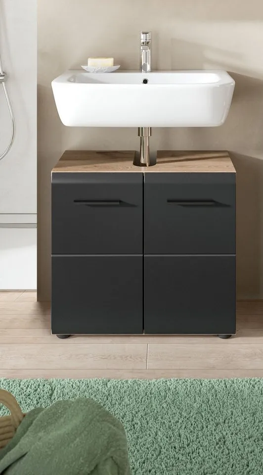 furnling Waschbeckenunterschrank Ivy Badunterschrank mit 2 Türen & Ausschnitt, MDF Front, Stauraumschrank, Schwarz, – Produktbild 3 von 5