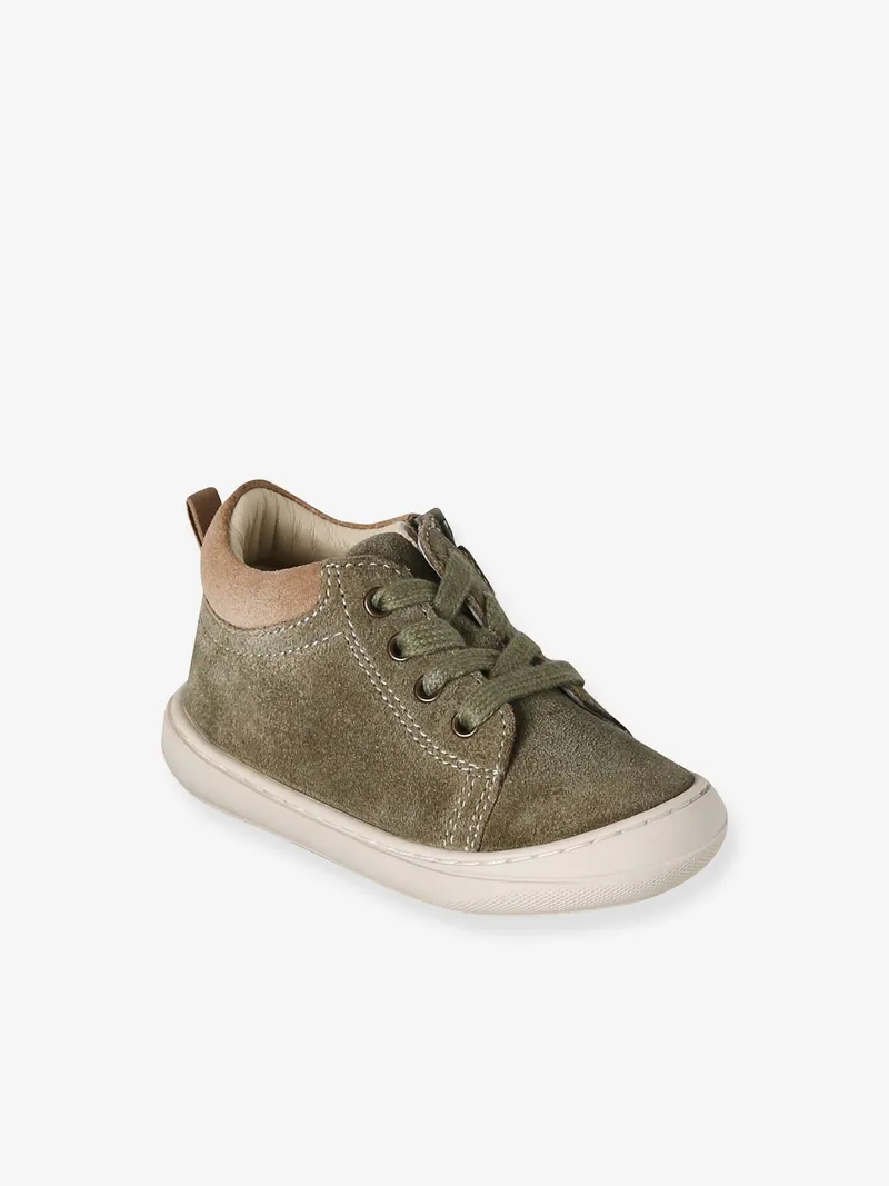 Vertbaudet Vertbaudet Baby Lauflernschuhe mit Schnürung aus weichem Leder, Khaki, – Produktbild 1 von 4